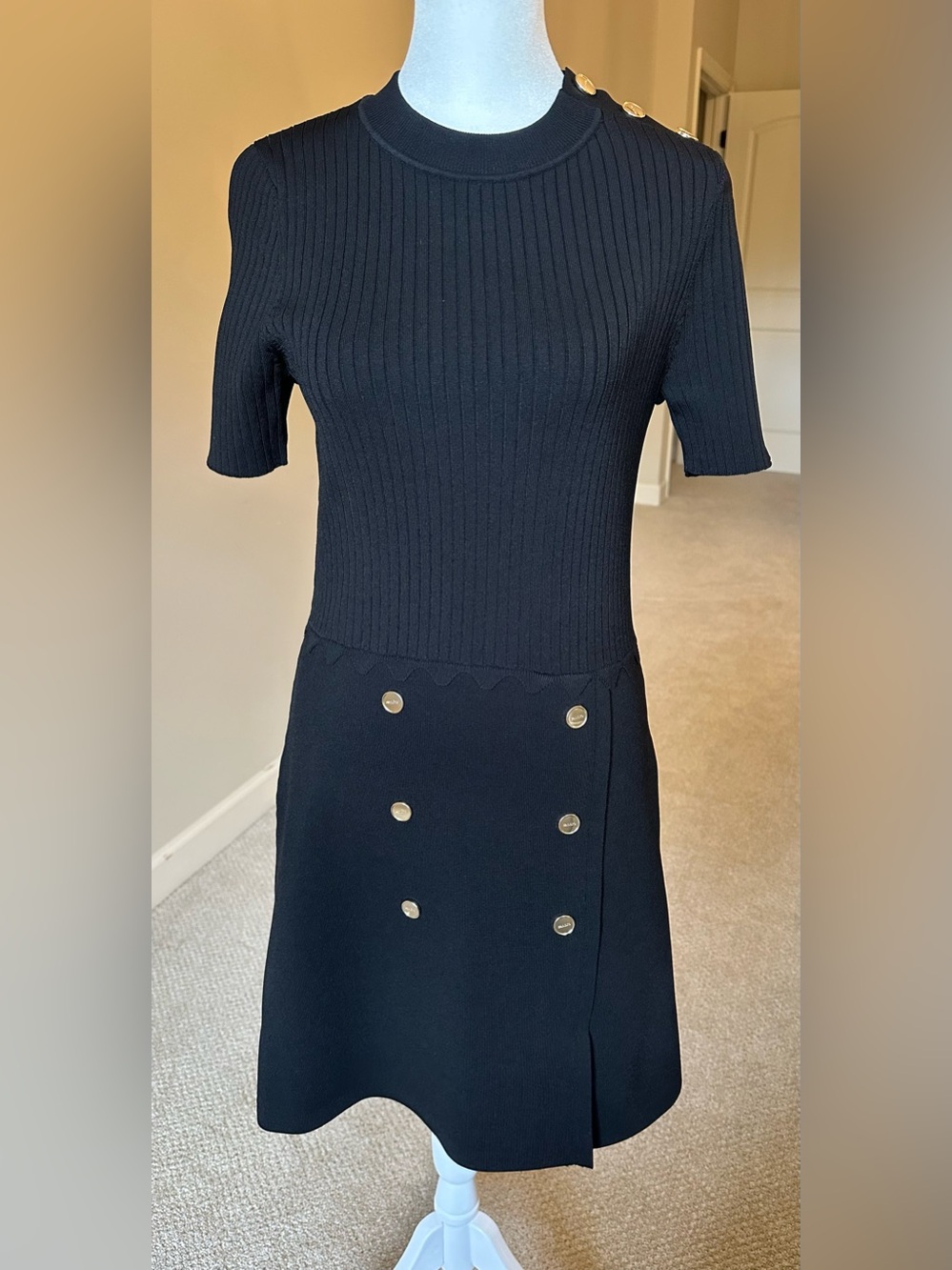 NWT Sandro Alyssa Black Knit Gold Button Mini Dress FR 38
